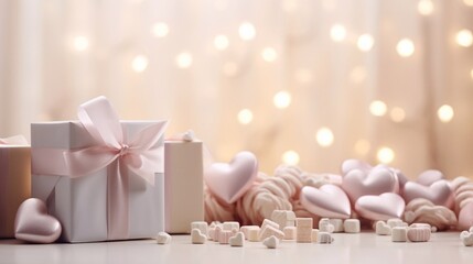 Fototapeta na wymiar empty white background with a lot of free copy space and white day heart and gold gift, luxury, golden ribbon, bokeh, birthday gift, fancy present, candles and baloons