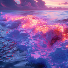 Fototapeta na wymiar Dynamic 3D render of neon waves crashing on a digital shoreline, blending the organic and digital realms in a visually stunning composition