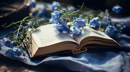 Bouquet of blue forget-me-nots and open book