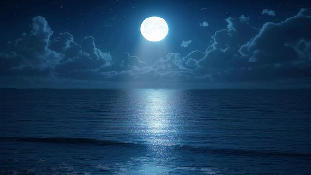 Full blue moon rises brightly over the cloud in calm ocean with beautiful tranquil scene animation looping video style