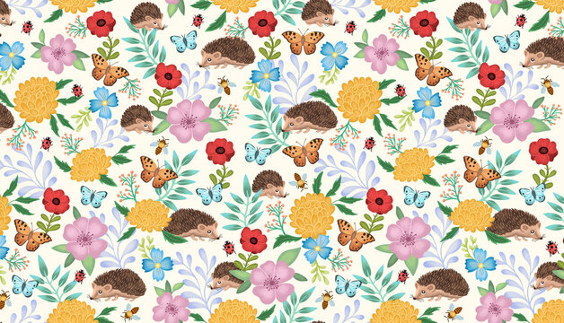 Motif h&eacute;rissons abeilles et papillons fond blanc