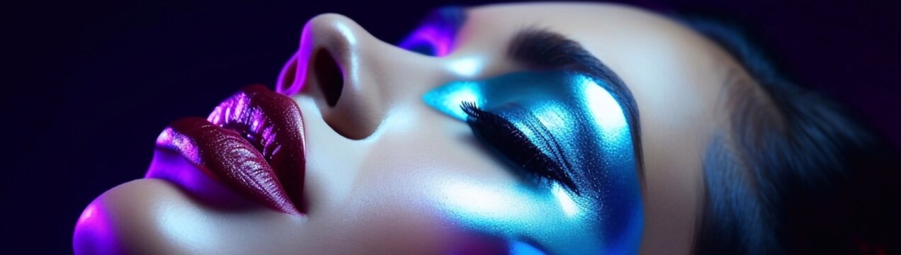 High fashion model with metallic silver lips and woman face in colorful bright neon ultraviolet blue and violet lights, posing in studio. Bright neon makeup.