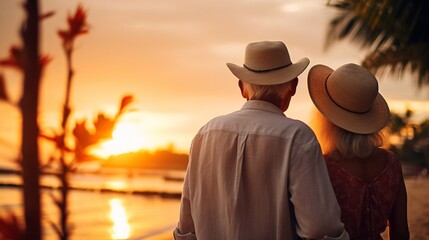 view from the back happy senior mature elderly people couple have romantic time on tropic beach at sunset