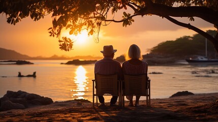 view from the back happy senior mature elderly people couple have romantic time on tropic beach at sunset