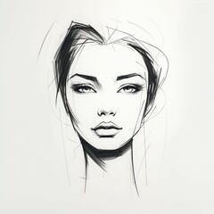  Abstract watercolor drawing sketch. Portrait girl's face in a vintage style and harmonious white black color