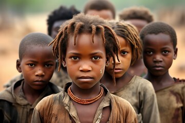 African kids in a village portrait. Volunteering, nonprofit organizations work for children education and against poverty in Africa. Global problems.  - obrazy, fototapety, plakaty