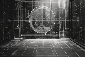 Futuristic sci-fi blueprint grid captured in black and white, with a front-facing perspective for a visually striking composition - obrazy, fototapety, plakaty