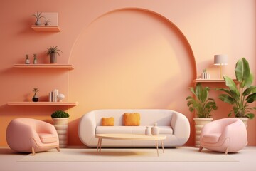 Fototapeta na wymiar minimal interior of eclectic modern living room of apartment in pastel peach color with sunlight on the wall. Sofa or couch with armchairs in the center and green plants. Waiting lounge decor.