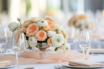wedding party table decoration with white and orange  ranunculus centerpieces bouquets. Peach fuzz trendy color. Catering on event, Florist business.