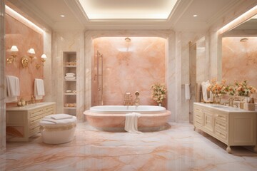 luxury marble pastel pink gray interior of a bathroom with exclusive bathtub. Hotel and spa resort. 