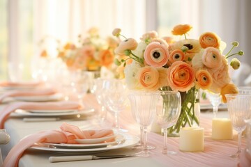 wedding party table decoration with white and orange  ranunculus centerpieces bouquets. Peach fuzz trendy color. Catering on event, Florist business. - obrazy, fototapety, plakaty
