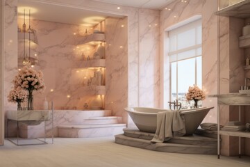 luxury marble pastel pink gray interior of a bathroom with exclusive bathtub. Hotel and spa resort. 