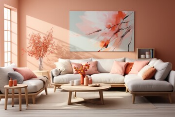 expressive abstract painting in interior of minimal modern eclectic living room mock up with sofa