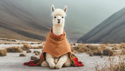 Calm looking alpaca or llama wearing simple clothes, sitting on ground in lotus like position