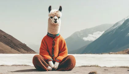 Foto auf Leinwand Calm looking alpaca or llama wearing simple clothes, sitting on ground in lotus like position © Marko