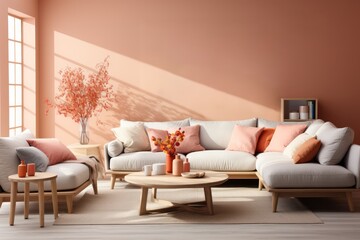 minimal modern eclectic room mock up with furniture and empty space on the wall in pastel peach...