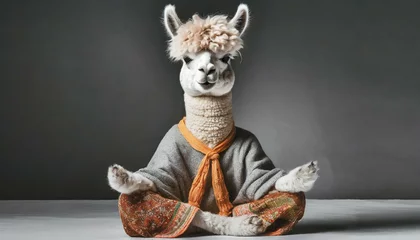 Foto op Canvas Calm looking alpaca or llama wearing simple clothes, sitting on ground in lotus like position © Marko