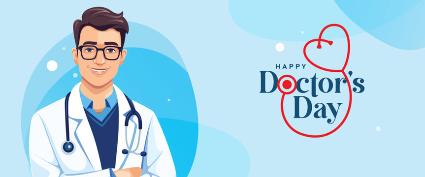 Doctors day simple vector illustration of physician, therapist man in doctor coat. National doctors day vector banner background design with young male doctor illustration.