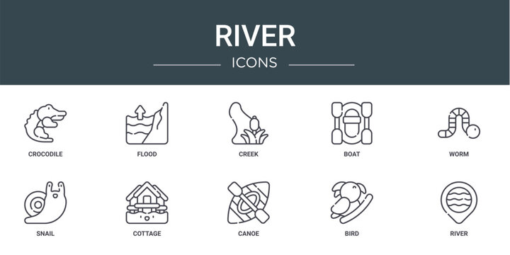 set of 10 outline web river icons such as crocodile, flood, creek, boat, worm, snail, cottage vector icons for report, presentation, diagram, web design, mobile app
