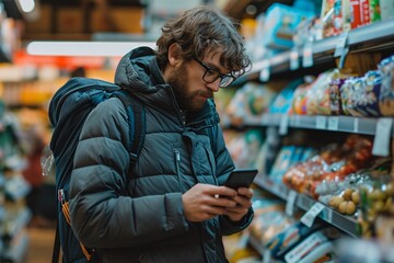 A stylish man checks his phone while browsing the bustling marketplace, surrounded by racks of clothing and shelves of goods, as a woman approaches the convenience store counter to make a purchase - obrazy, fototapety, plakaty