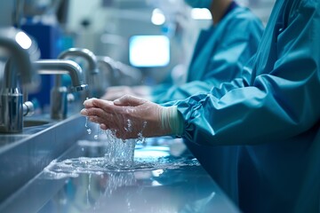 couple of surgeons washing their hands after the operation - obrazy, fototapety, plakaty