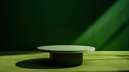 3D render of a green podium in a room with a green wall