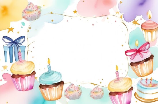 Watercolor birthday card. A frame, a place for text. Cakes, cupcakes, candles, balls, bows. Drawing