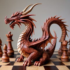 Fototapeta premium A mystic dragon carved of wood on a chess game in same colour