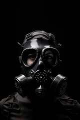 biohazard chemical mask on black background, gas protection suit for face