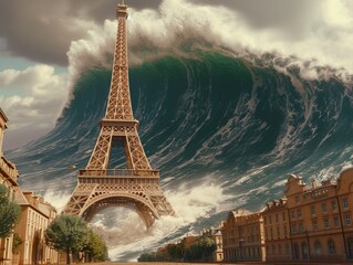 Eiffel tower against the giant wave of Climate change