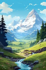 illustration of idyllic summer landscape with river, forest and mountains, beautiful nature scenery