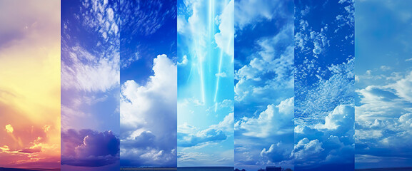 cloudy blue sky collection collage, weather and time of day changing concept