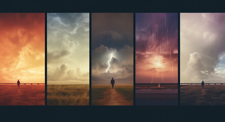 time and weather change concept, day and night and season changing collage, human and nature