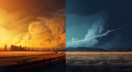 time and weather change concept, day and night and season changing collage - obrazy, fototapety, plakaty
