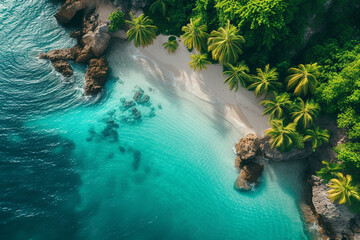  Aerial Drone View of a Caribbean Paradise, Where Palms Meet Turquoise Waters. Wide Format Banner for the Ultimate Travel Concept."