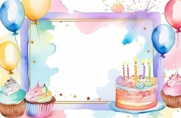Watercolor birthday card. A frame, a place for text. Cakes, cupcakes, candles, balls, bows. Drawing