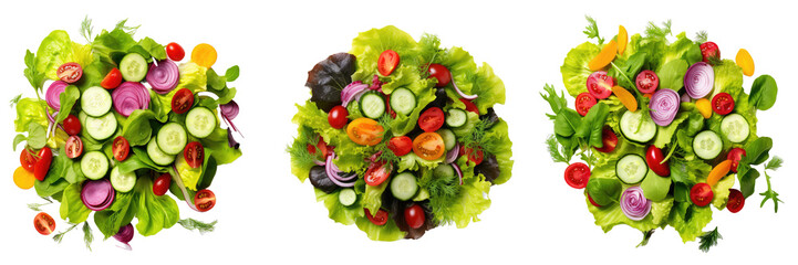 Fresh salad top view flat lay on white or transparent background