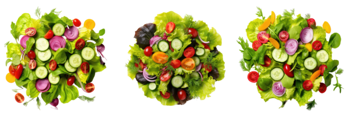 Fresh salad top view flat lay on white or transparent background