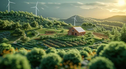 Foto auf Acrylglas Antireflex Expansive 3D agricultural landscape dotted with organic farms, greenhouses, and renewable energy sources like solar panels and wind turbines, sustainable farming practices, eco-friendly agriculture © KeepStock