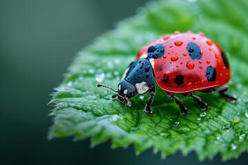 A Ladybug Resting Gracefully on a Vibrant Green Leaf"
