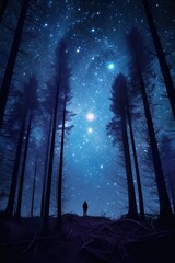 man standing at beautiful starry night sky with nebulas and stars over forest, person and beauty at nature