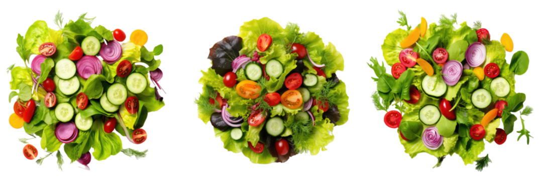 Fresh salad top view flat lay on white or transparent background