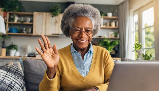 Cheerful Senior Woman Gesturing With Hands On A Video Call, Working From Home In Her Living Room