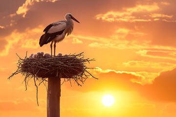 In a tranquil scene, a stork stands watch over its young in a high nest against a backdrop of a dramatic sunset. © World's Greatest Mom
