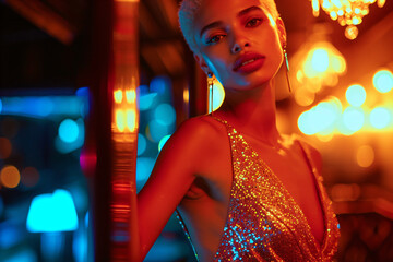 female model with blonde short hair in a glittery dress
