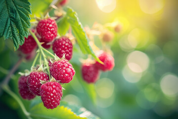 Succulent red raspberries growing on branch in sunlight