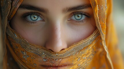 A beautiful Muslim woman with a yellow headscarf. International Day to Combat Islamophobia.