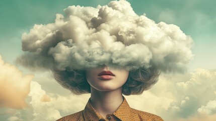 A surreal portrait of a woman with her head in the clouds - obrazy, fototapety, plakaty