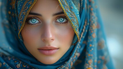 A beautiful Muslim woman with a blue headscarf and gold patterns. International Day to Combat Islamophobia.