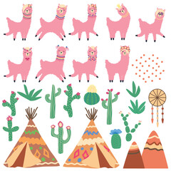 Cute llamas, cacti, Alps mountains, dream catcher, rainbows and hearts © MichiruKayo